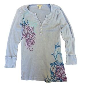 B. Friends Womens S Ribbed Henley Top Blue Floral Graphic Rhinestone Y2K Cotton
